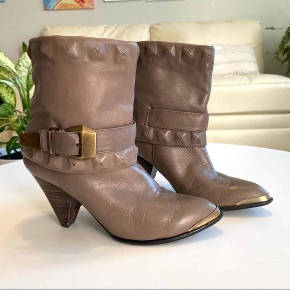 B. Makowsky bf Liza Taupe Leather Buckle Fold Over Heeled Booties Studded Boots